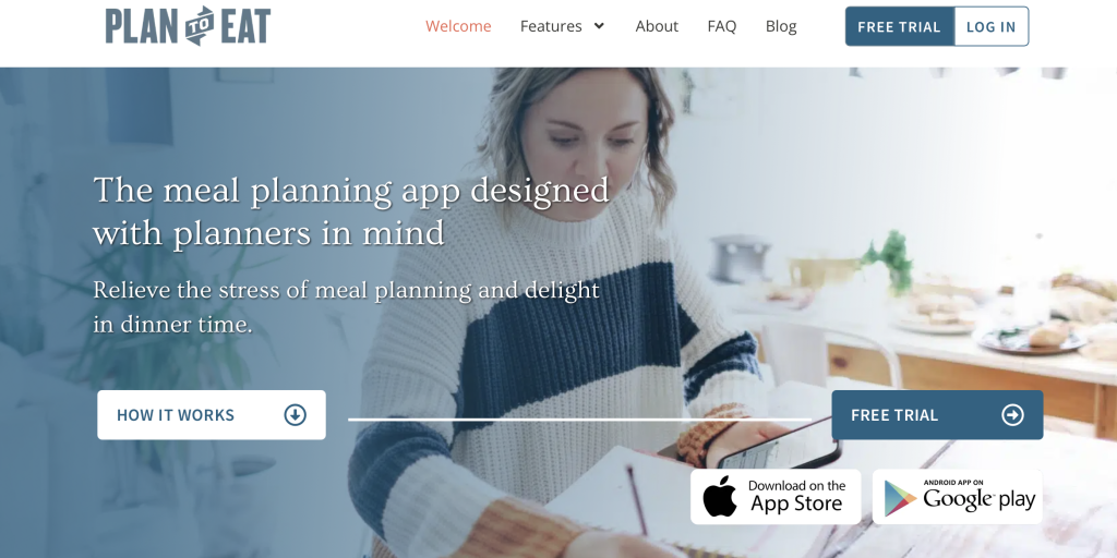 screen shot of Plan To Eat app website homepage which is an app to simplify your life